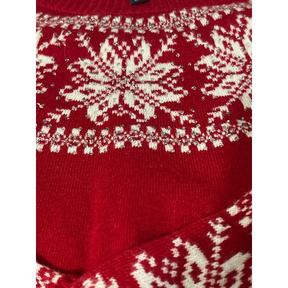 TALBOTS Sweater Beaded Snowflakes Red Lamb's Wool Blend Size Medium Petite - Picture 7 of 12